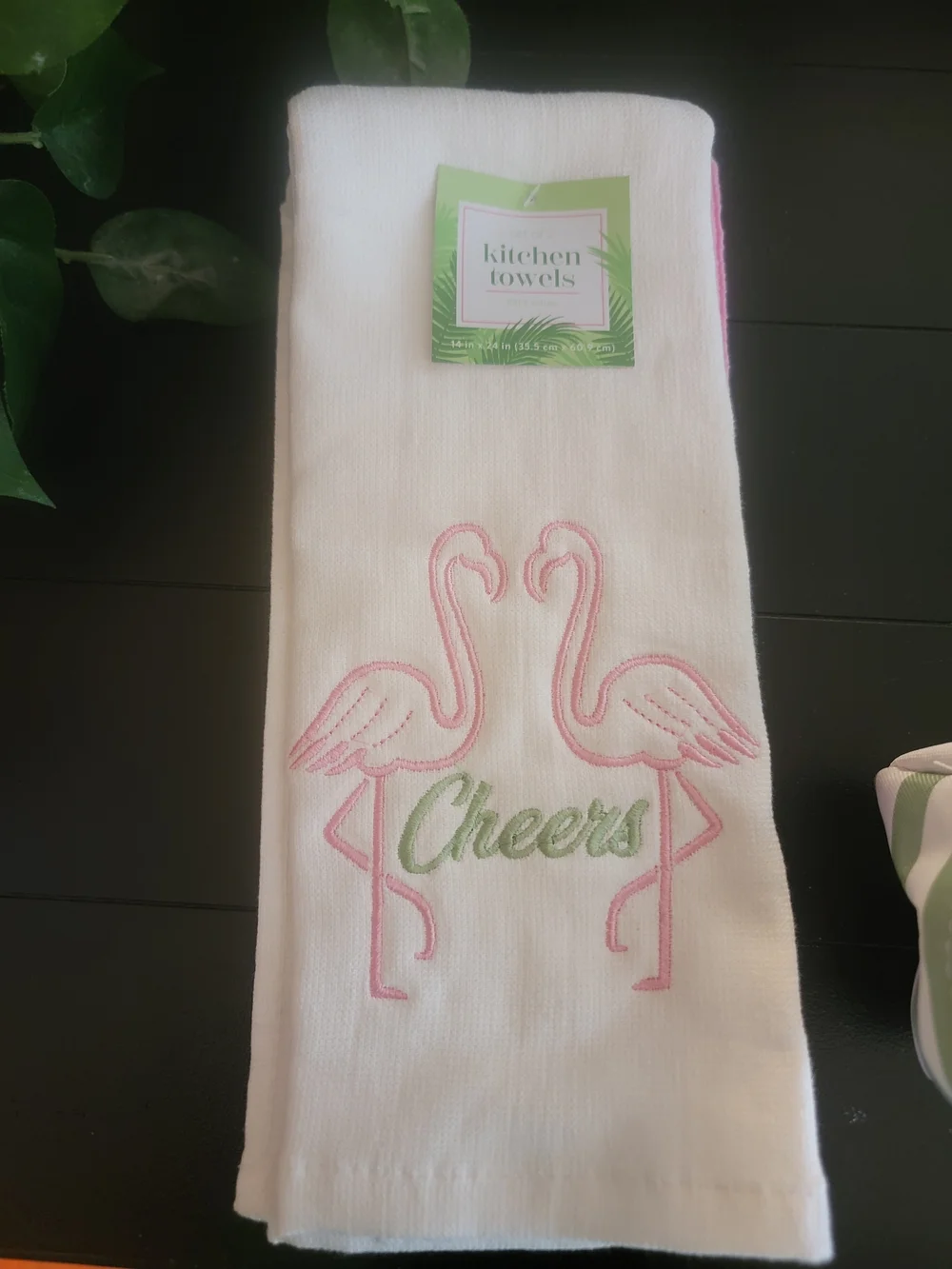 Pink Flamingo Travel Tumbler with Matching Kitchen Towels and Striped Pouch